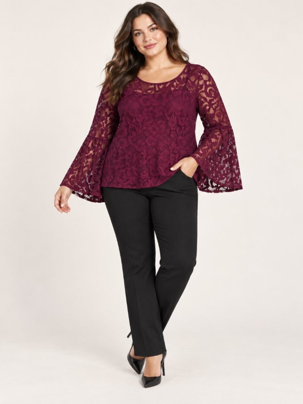 INC International Concepts Woman 3X Burgundy Floral Lace Long Sleeve Blouse